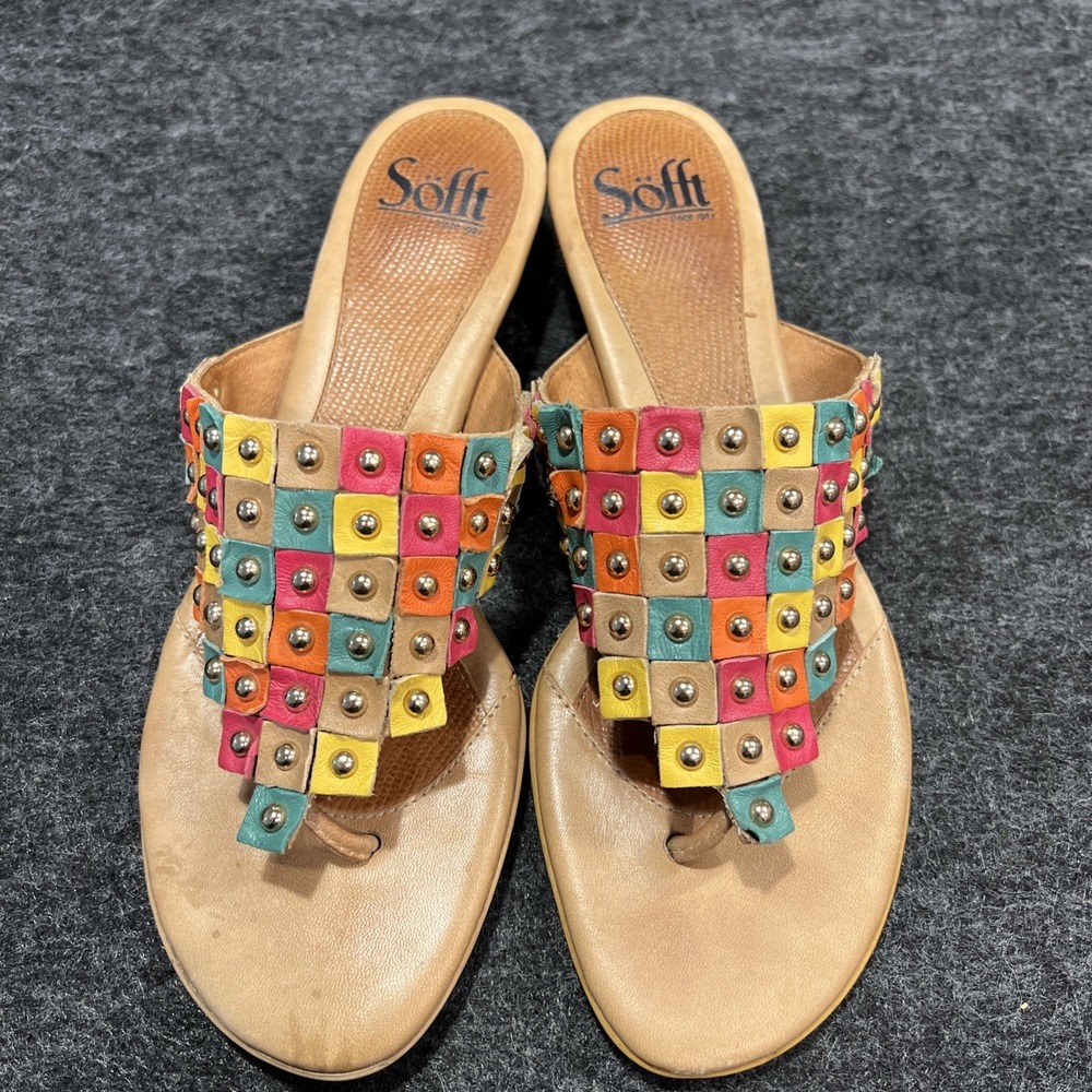 Sofft Studded Multicolor Leather Kitten Heel Slipon Sandal Size 8 Bohemian Comfy